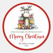 Lovely quirky reindeer cute holiday sticker art ラウンドシール (正面)