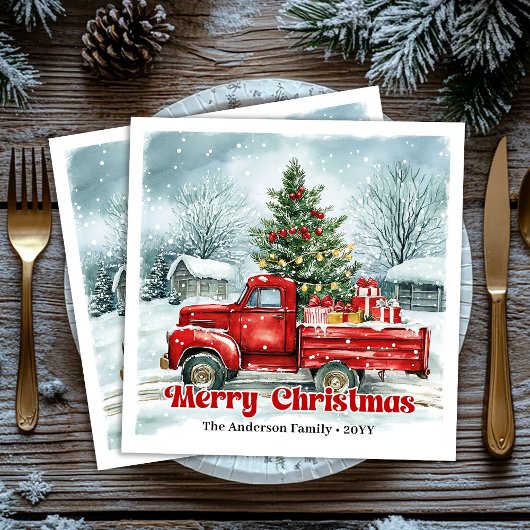 Lovely red truck Christmas scene rustic napkin set