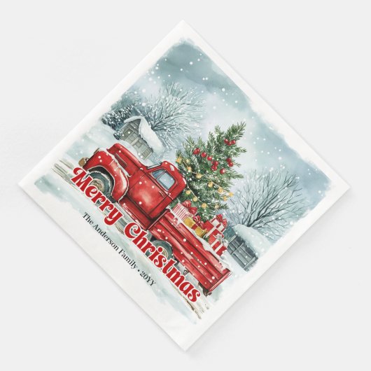 Lovely red truck Christmas scene rustic napkin set (コーナー)