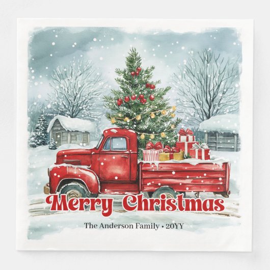 Lovely red truck Christmas scene rustic napkin set (正面)
