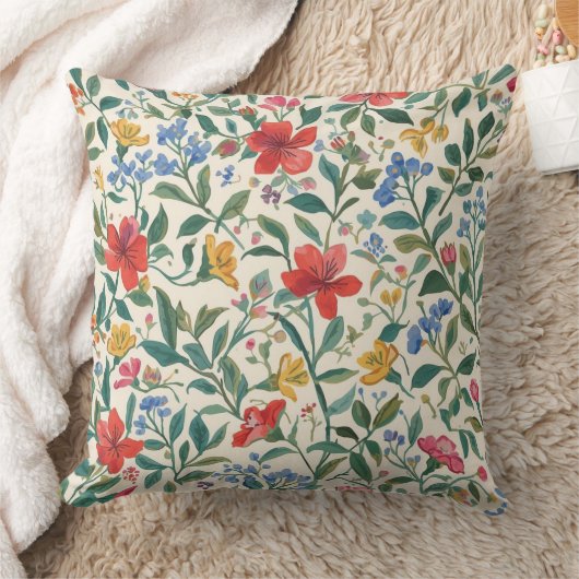 Lovely, Red Yellow Blue Flowers and Leaves Pattern クッション (ブランケット)