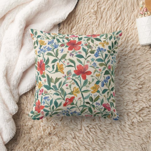 Lovely, Red Yellow Blue Flowers and Leaves Pattern クッション (ブランケット)