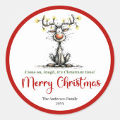 Lovely reindeer funny whimsical Xmas sticker art ラウンドシール (正面)