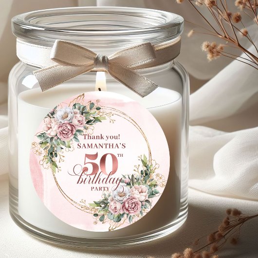 Lovely Rose Gold Blush Flowers 50th Birthday Favor ラウンドシール