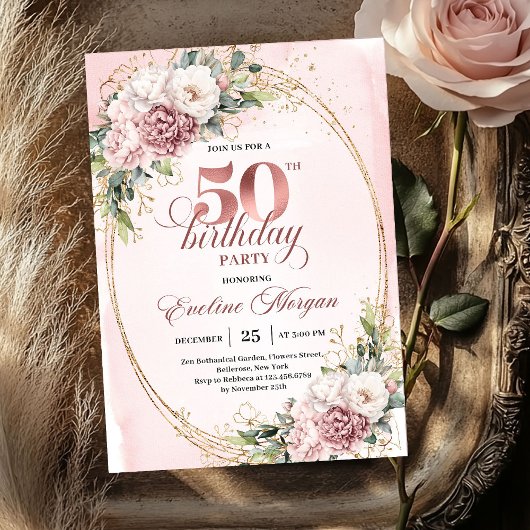 Lovely Rose Gold Blush Flowers 50th Birthday Party 招待状