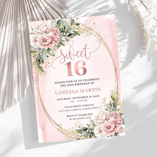 Lovely Rose Gold Flowers Eucalyptus 16th Birthday  招待状