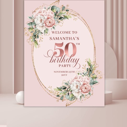 Lovely Rose Gold Greenery 50th Birthday Celebrate タペストリー
