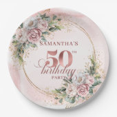 Lovely Rose Gold White Peonies 50th Birthday Party ペーパープレート (正面)