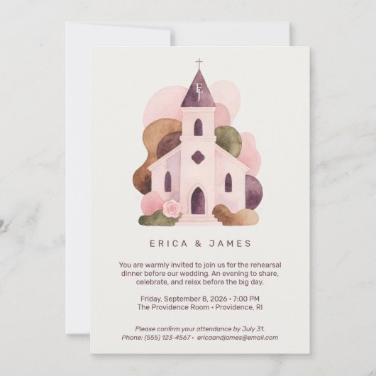 Lovely Rustic Pink Church Wedding Rehearsal Dinner 招待状 (正面)