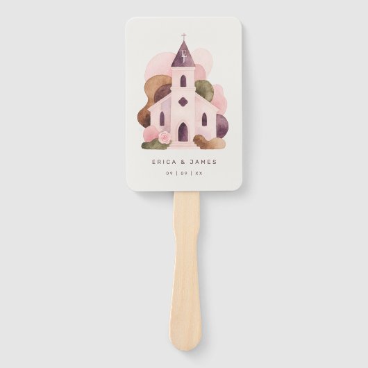 Lovely Rustic Pink Tones Church Wedding Program ハンドファン (正面)