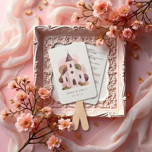 Lovely Rustic Pink Tones Church Wedding Program ハンドファン