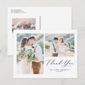 Lovely Script Blue Two Photo Collage Thank You ポストカード (正面/裏面)