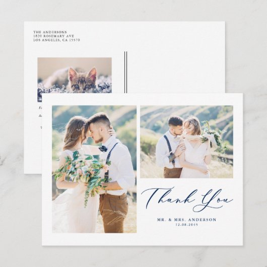 Lovely Script Blue Two Photo Collage Thank You ポストカード (正面/裏面)
