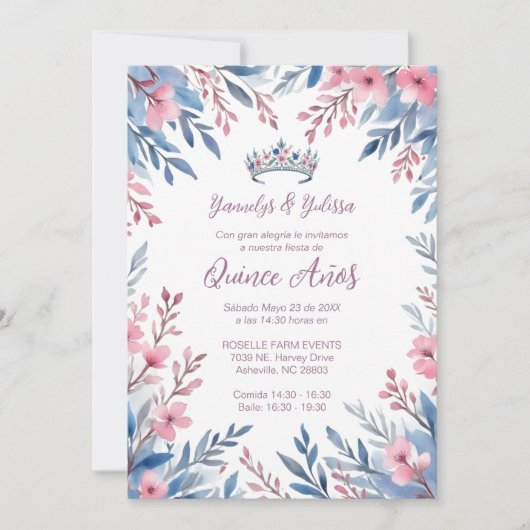 Lovely Twins Botanical Frame Tiara Spanish Photo  招待状 (正面)