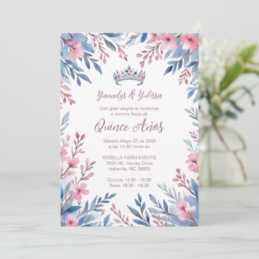 Lovely Twins Botanical Frame Tiara Spanish Photo 招待状 (スタンド正面)