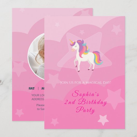  Lovely Unicorn Birthday Invitation 招待状 (正面/裏面)