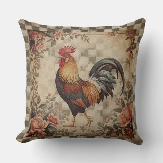 Lovely Vintage Rooster and Flowers Pattern クッション (正面)