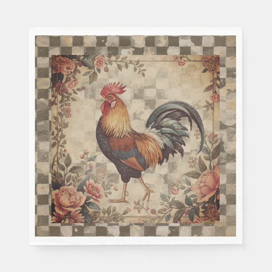 Lovely Vintage Rooster and Flowers Pattern スタンダードランチョンナプキン (正面)