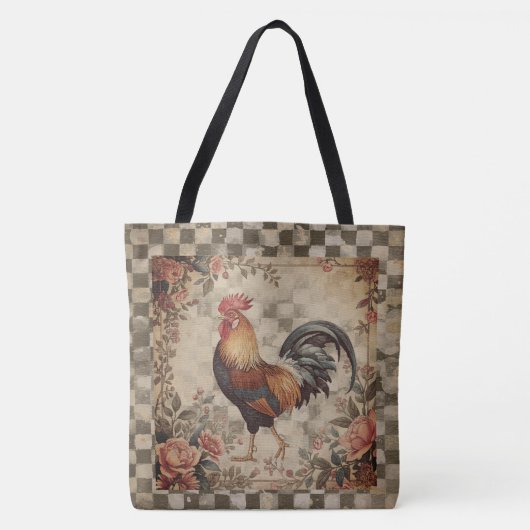 Lovely Vintage Rooster and Flowers Pattern トートバッグ (正面)