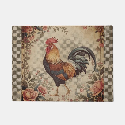 Lovely Vintage Rooster and Flowers Pattern  ドアマット (正面)