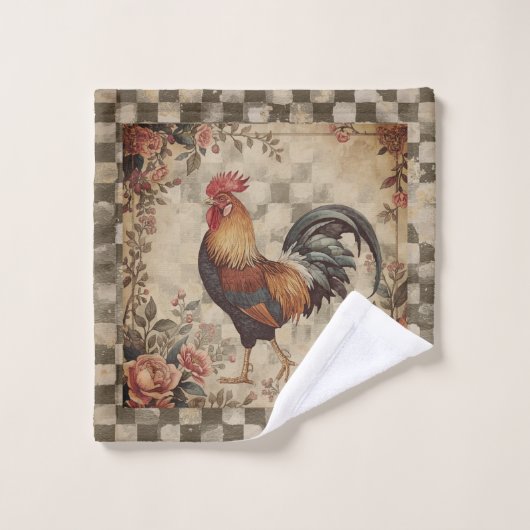 Lovely Vintage Rooster and Flowers Pattern  バスタオルセット (ウォッシュタオル)