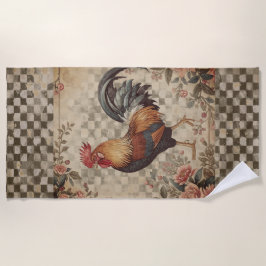 Lovely Vintage Rooster and Flowers Pattern  ビーチタオル