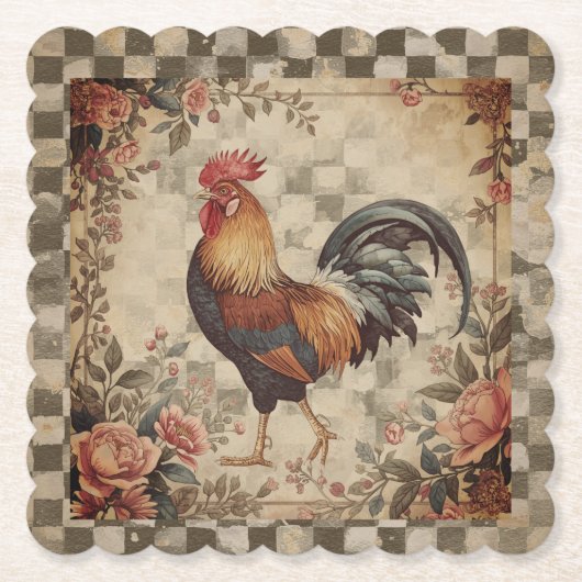 Lovely Vintage Rooster and Flowers Pattern ペーパーコースター (正面)