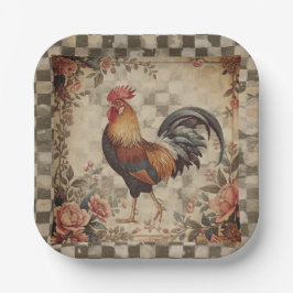 Lovely Vintage Rooster and Flowers Pattern ペーパープレート