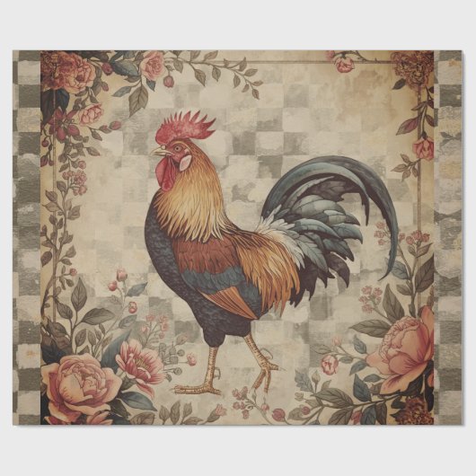 Lovely Vintage Rooster and Flowers Pattern  ラッピングペーパー (フラット)