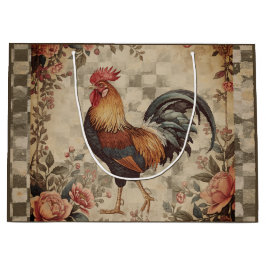 Lovely Vintage Rooster and Flowers Pattern  ラージペーパーバッグ