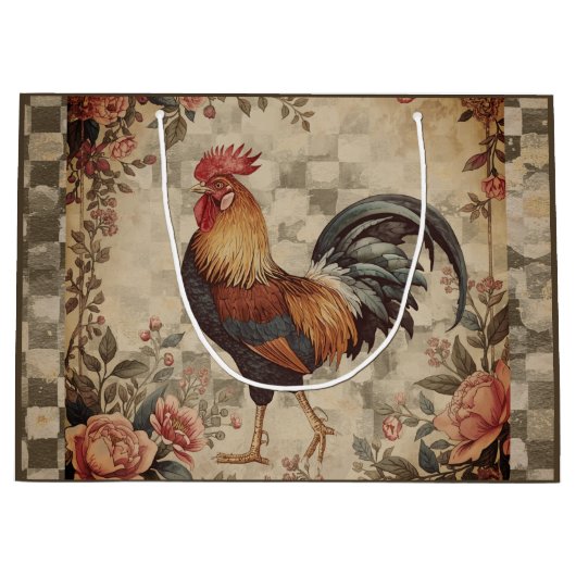 Lovely Vintage Rooster and Flowers Pattern  ラージペーパーバッグ (正面)
