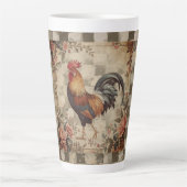 Lovely Vintage Rooster ,Flowers Pattern, Checke カフェラテマグ (正面)
