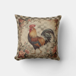 Lovely Vintage Rooster ,Flowers Pattern, Checke クッション
