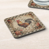 Lovely Vintage Rooster ,Flowers Pattern, Checke コースター (左側)