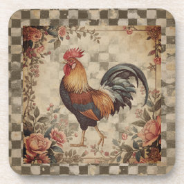 Lovely Vintage Rooster ,Flowers Pattern, Checke コースター