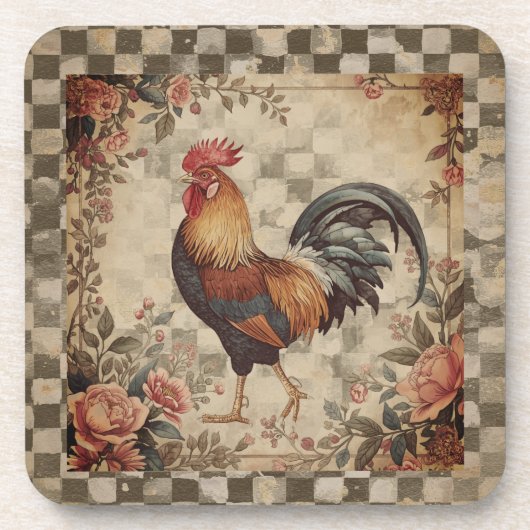Lovely Vintage Rooster ,Flowers Pattern, Checke コースター (正面)