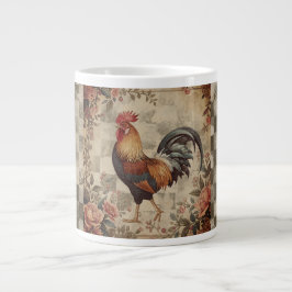 Lovely Vintage Rooster ,Flowers Pattern, Checke ジャンボコーヒーマグカップ