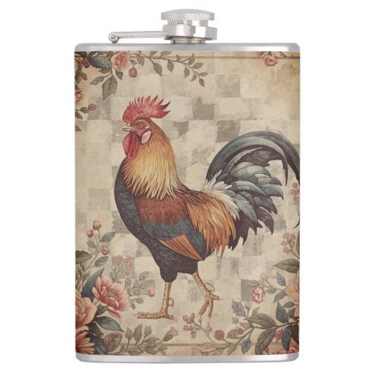 Lovely Vintage Rooster ,Flowers Pattern, Checke フラスク (正面)