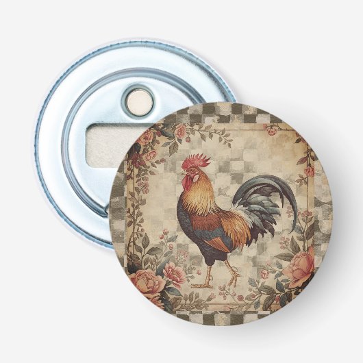 Lovely Vintage Rooster ,Flowers Pattern, Checke 栓抜き (正面)