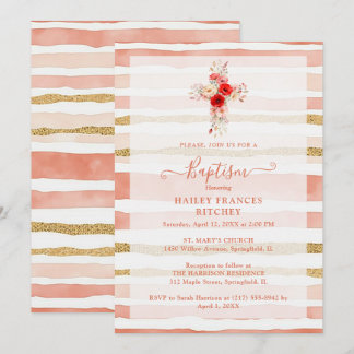 Lovely Wildflowers Christian Cross Baptism 招待状