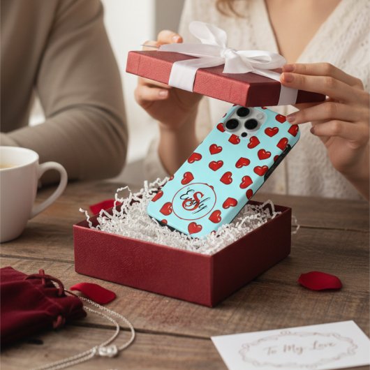 lovers赤いハートパターンonブルーカスタムモノグラム Case-Mate iPhoneケース