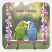 Loving Budgie Couple on Swing Custom Wedding Favor スクエアシール (正面)