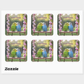Loving Budgie Couple on Swing Custom Wedding Favor スクエアシール (シート)