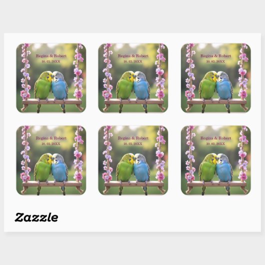 Loving Budgie Couple on Swing Custom Wedding Favor スクエアシール (シート)