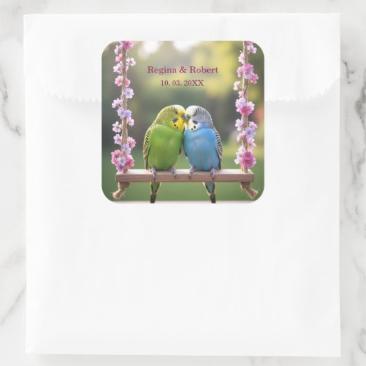 Loving Budgie Couple on Swing Custom Wedding Favor スクエアシール (バッグ)