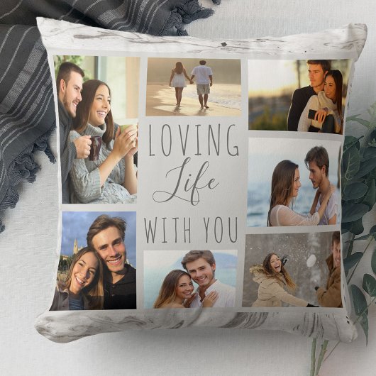 Loving Life with You 7 Photo Collage Gray Marble クッション