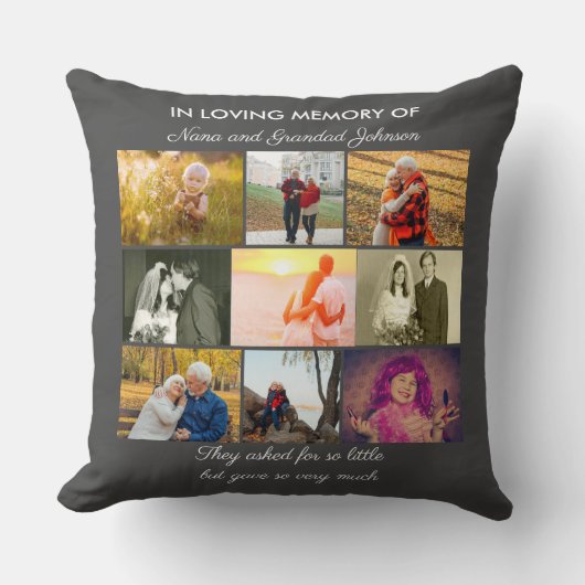 Loving Memory引用文と9フォトコラージンググレー クッション (正面)