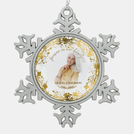 Loving Memory金箔フォトメモリアル スノーフレークピューターオーナメント (正面)