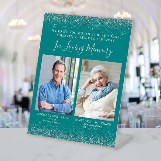 Loving Memory 2フォトティール(緑がかった色)ブルーシルバー結婚ズ 台座サイン