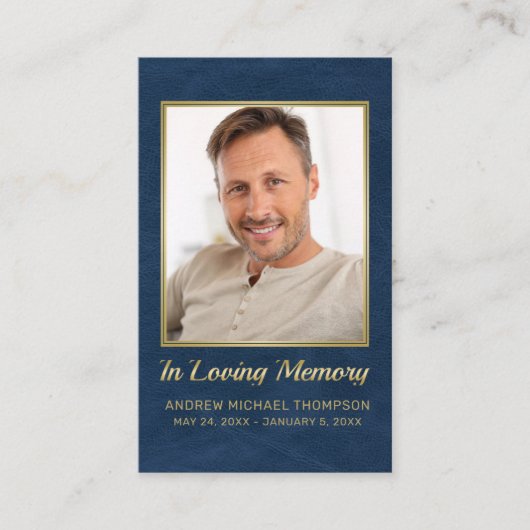 Loving Memory Blue金ゴールド写真葬儀カード 名刺 (正面)